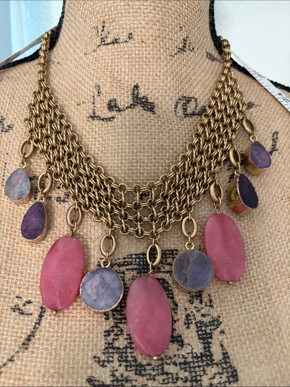 Chico's Gold-Tone Chain Necklace with Pink and Purple Stone Drops